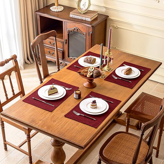 KXN Christmas Placemats Set of 4, Dual-Layer Thickened Faux Linen Table Mats, Heat Resistant & Wrinkle-Free, Machine Washable Cloth Place Mats for Kitchen Dining Indoor Outdoor (Red)