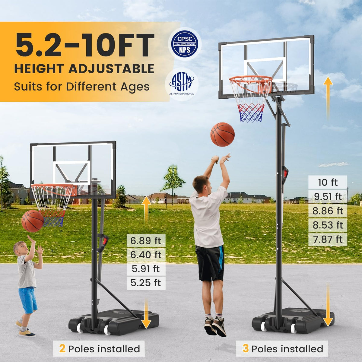 Basketball Hoop Outdoor 10 FT Height Adjustable Basketball Goals Systems Portable with 44" Backboard and Wheels for Youth Adults Kids - Backyard, Driveway, Indoor Play