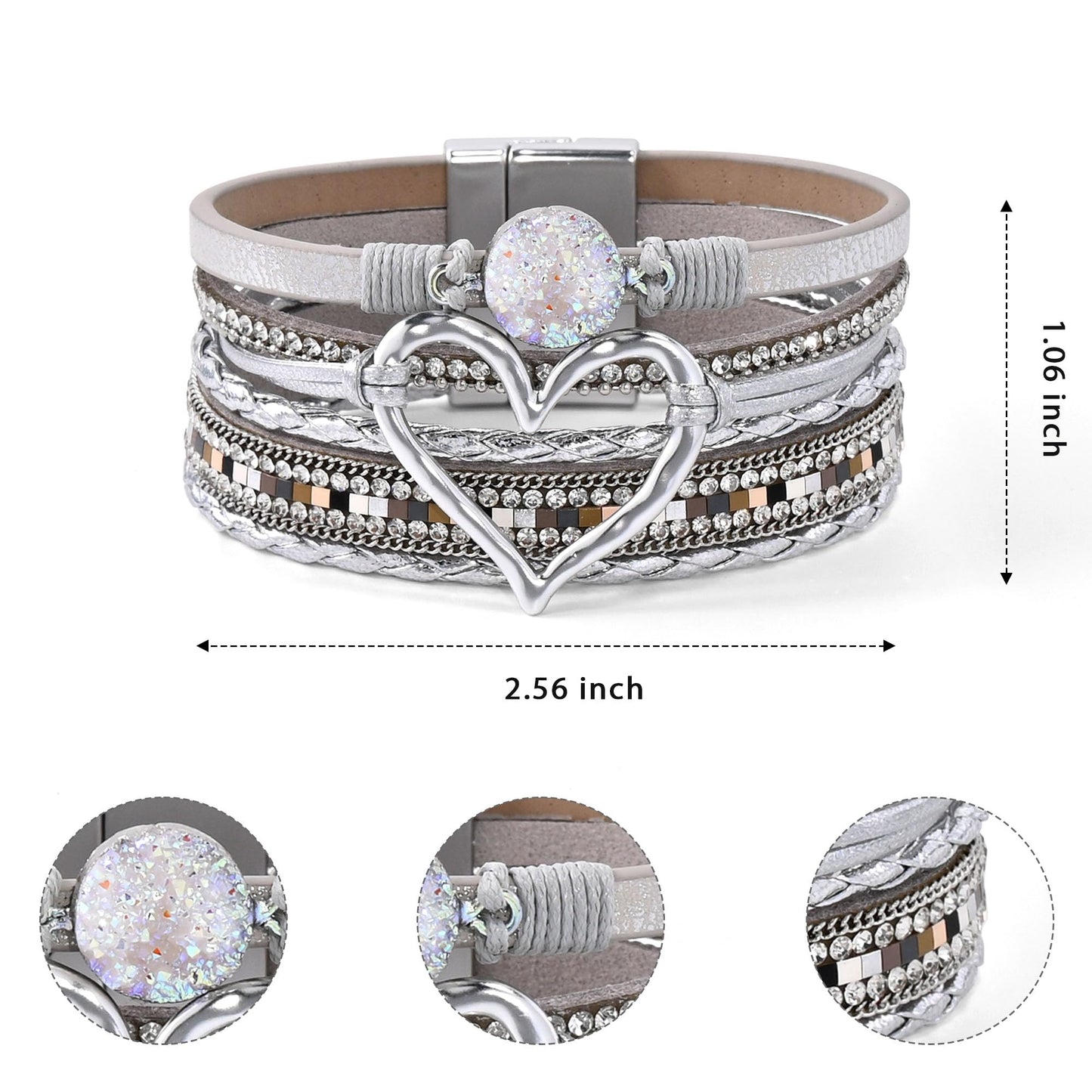 VIBILIA Boho Leather Wrap Bracelets for Women Heart Multi-Layer Bracelets with Strong Clasp Jewelry for Women-Silver