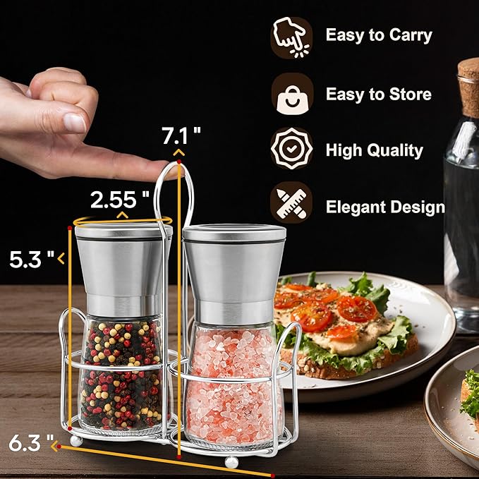 Stainless Steel Salt and Pepper Grinder Set - Short Glass Shaker, Pepper Mill & Salt Mill with Adjustable Coarseness, Refillable for Himalayan or Sea Salt, Black Peppercorn, with Bonus Stand