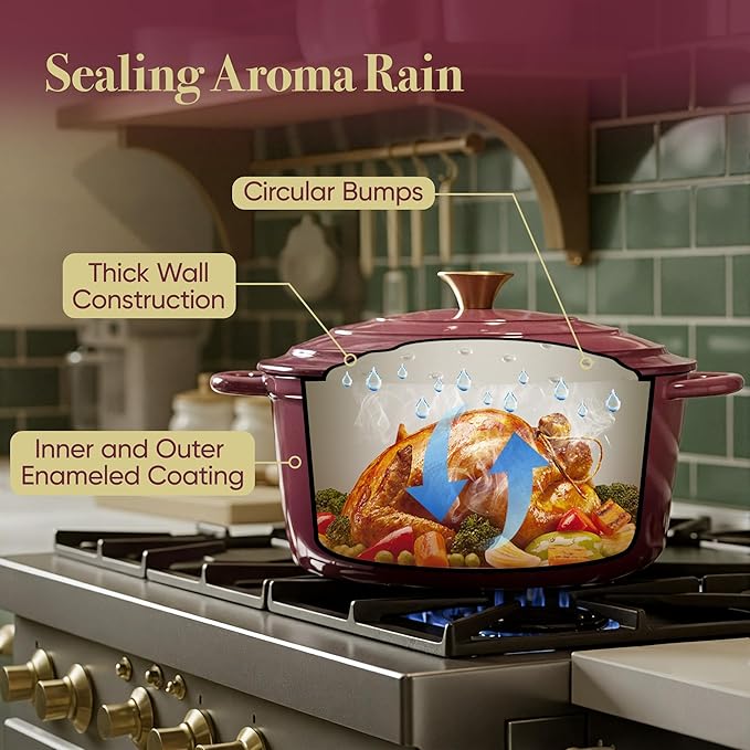 Vintage Style 4.5 Quart Dutch Oven Pot with Lid, Non Stick Enameled Cast Iron Dutch Oven for Bread Baking, Heavy-Duty, Oven Safe Ceramic Cookware Up to 500°F for Baking, Braising, Stews, Roasting, Rose