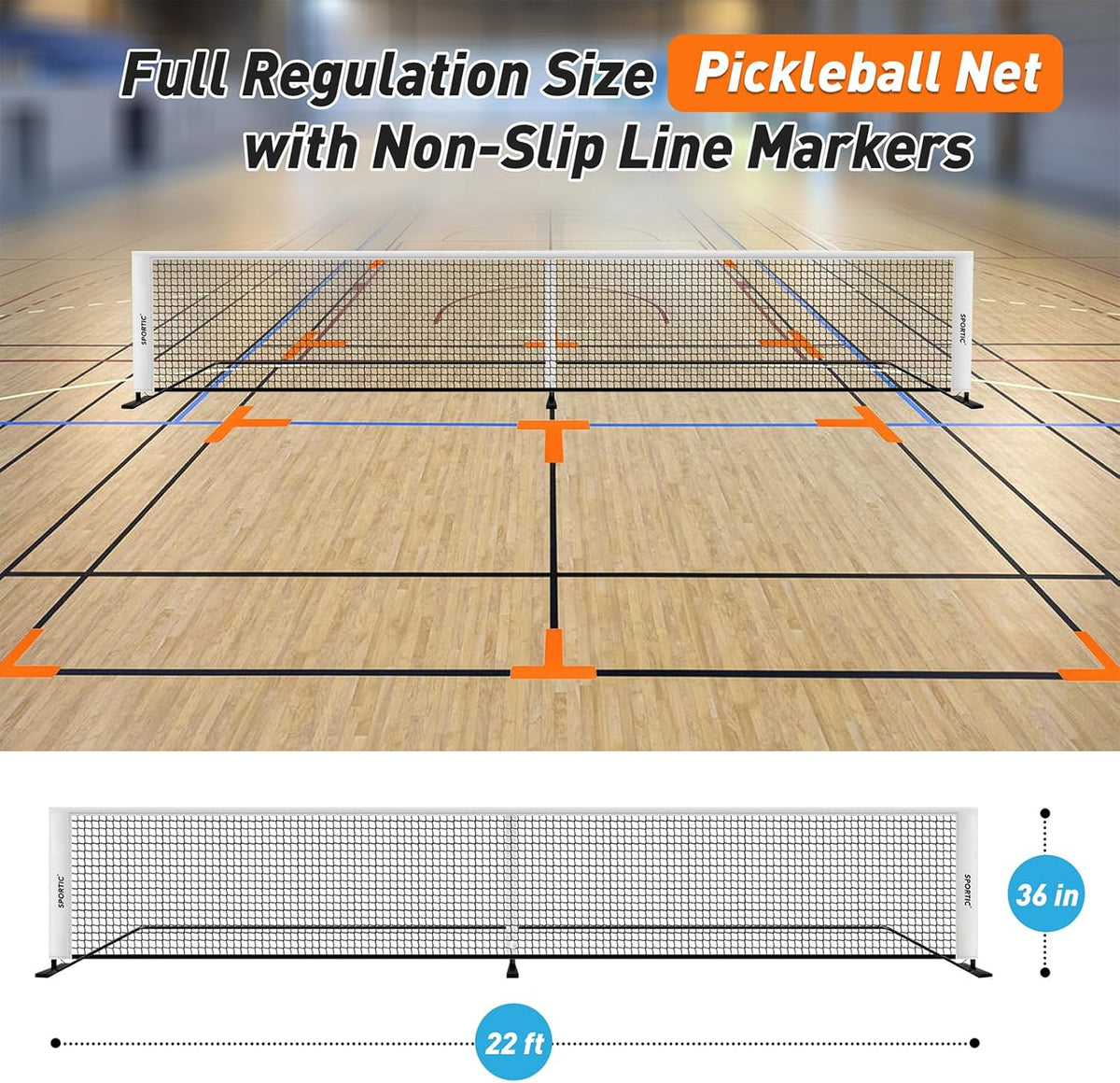 SPORTIC 22FT Pickleball Net Set – Regulation Size Portable Net with Carry Bag, Court Markers, Quick Setup Steel Frame for Driveway, Backyard, Indoor & Outdoor