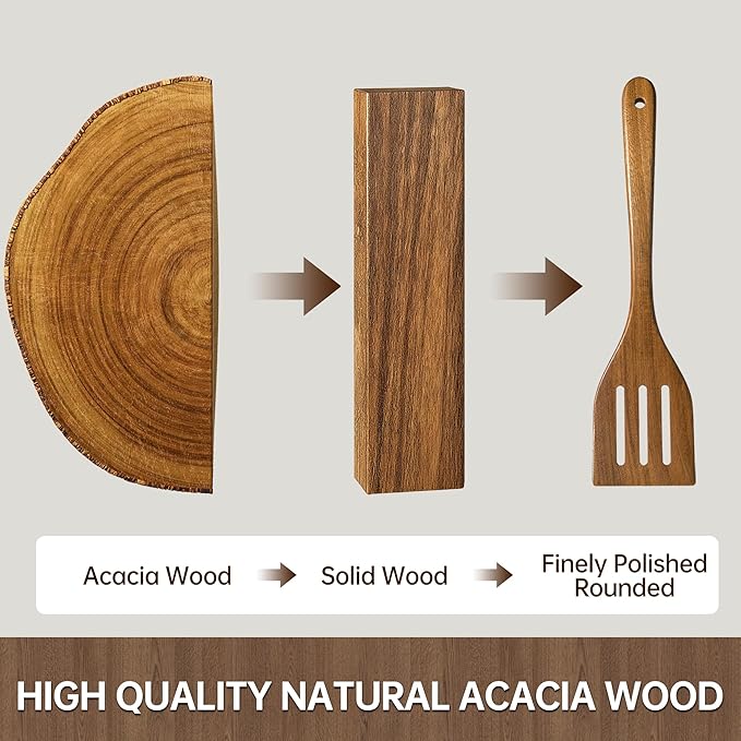 Wooden Utensil Set 8 Pcs - Natural Non-Toxic Acacia Wooden Spoons for Cooking, Nonstick, Sturdy, Non-Scratch, Easy to Clean, Wood Kitchen Utensils Set with Holder, Spoon Rest & 6 Hooks