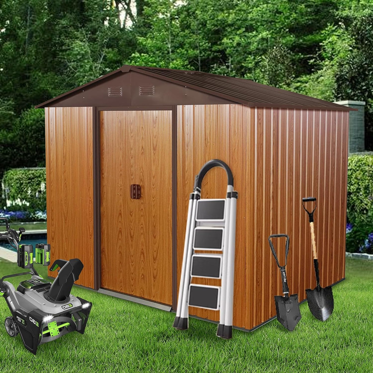 8x6 FT Outdoor Storage Shed,Metal Shed with Floor,Garden Shed W/ 4 Air Vents & Lockable Sliding Door,All Weather Waterproof Tool House W/Sloped Roof,for Backyard,Patio,Lawn,Coffee