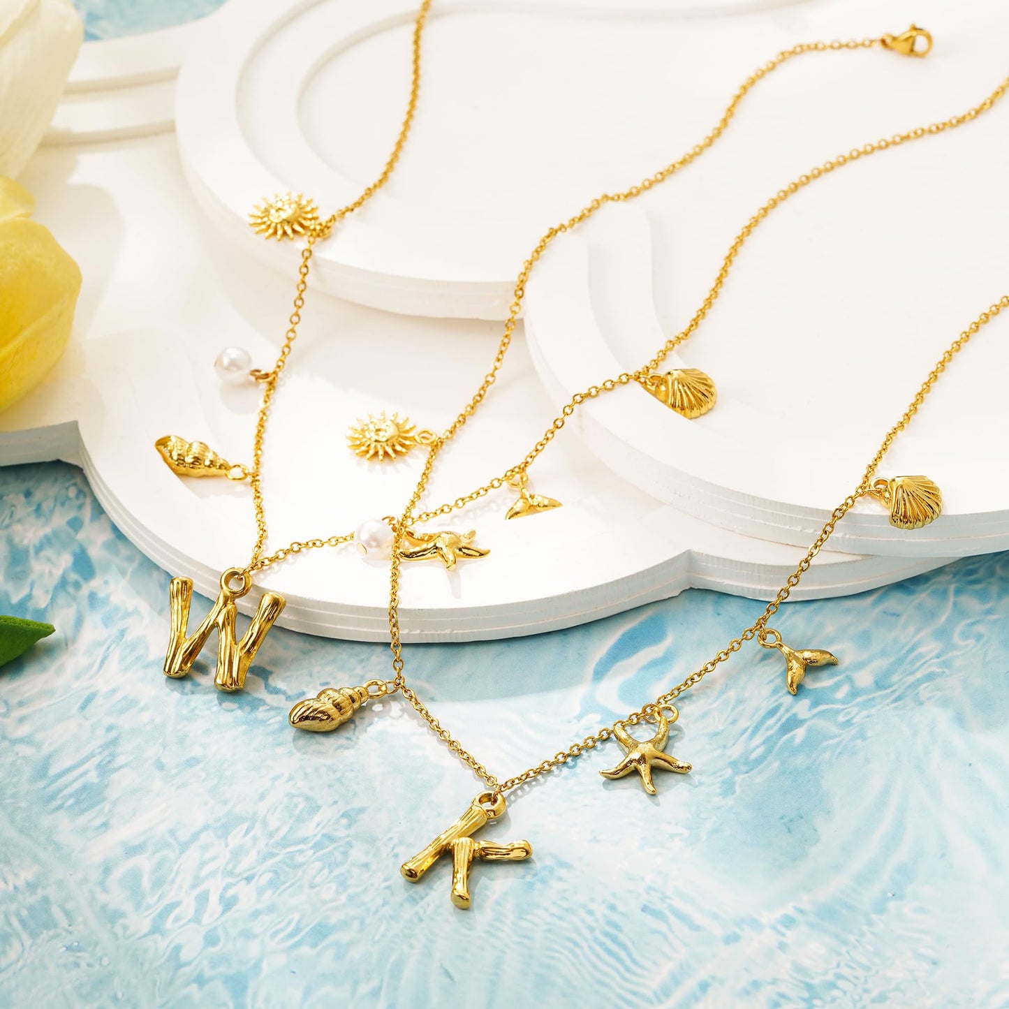 SLOONG Summer Accessories for Women - 14K Gold Plated Letter Neckalce Freshwater Pearl Necklace Choker Boho Summer Seashell Beach Starfish Surfer Jewelry Gifts for Women