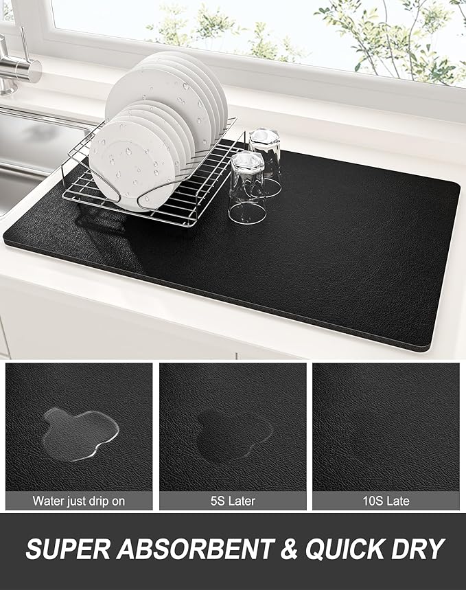 Rnivvi Dish Drying Mat for Kitchen Counter, XL 15 x 24" Super Absorbent Drainer Pad Easy Clean Dish Rack Pad, Non-Slip Heat Resistant Coffee Bar Mat for Coffee Machine Station Accessories Decor, Black