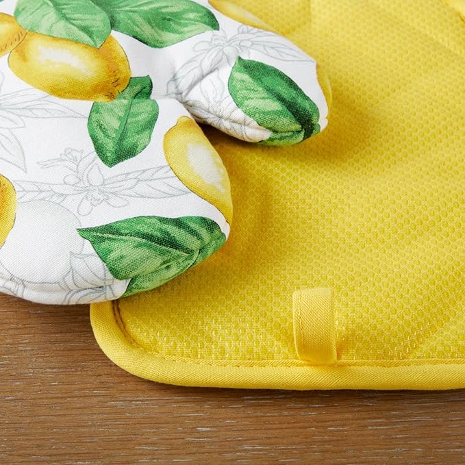 Martha Stewart Lots of Lemons Modern Kitchen Towel, Oven Mitt & Potholder Set, 4-Pack, White-Yellow