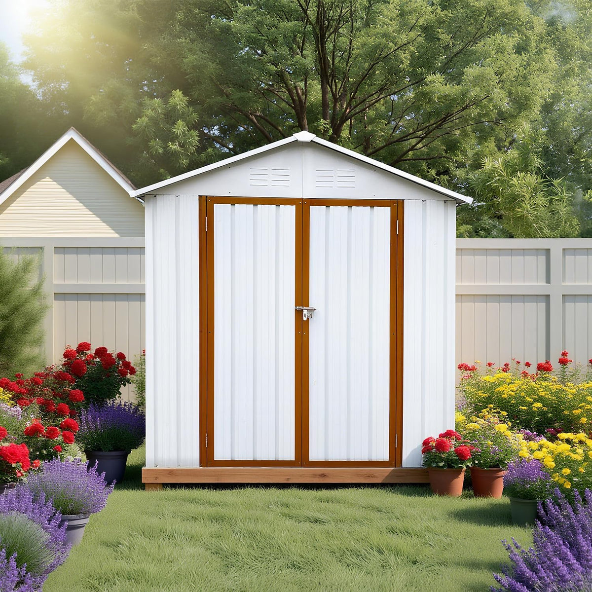 6 x 4 FT Outdoor Storage Metal Shed, Bike Garden Tool Shed with Slooping Roof, Lockable Doors and Aluminum Frames, Shed Easy to Assemble for Garden, Patio, Lawn, White+Yellow
