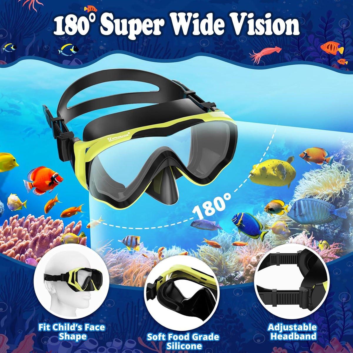 U PHITNIS Kids Snorkel Set for Age 4-14 - Dry Top Snorkeling Gear for Kids Junior & Youth - Childs Diving Mask with Big Eyes for Boys Girls - Anti-Fog Snorkeling Mask and Snorkel Set