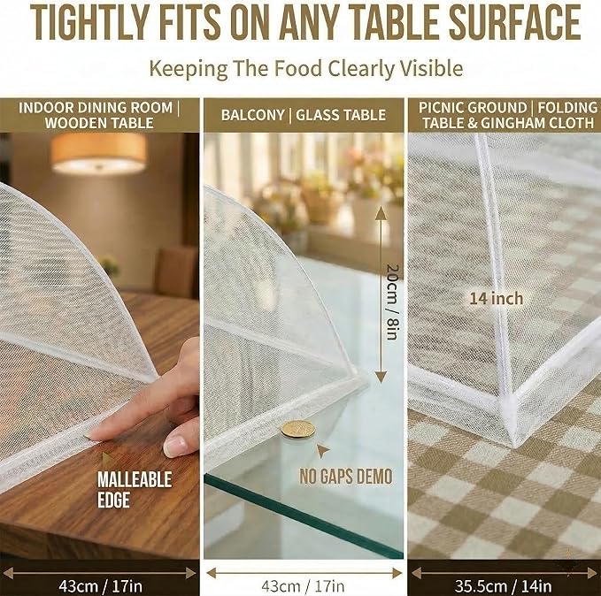 4-Pack Food Cover Mesh Food Tent for Kitchen and Outdoor Use,2 x 17-inch & 2 x 14-inch Pop-Up Screen Tents to Protect Plants Plastic,Collapsible Reusable Covers for BBQ,Fruit Baskets, Parties, Camping
