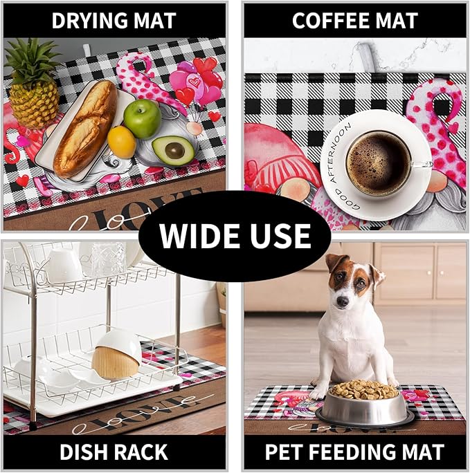 Valentine's Day Dish Drying Mats for Kitchen Counter, Gnome Love Kitchen Drying Mat, Buffalo Plaid Dish Drainer Mat Absorbent Quick Dry Dishes Pad 16 x 18 In - Farmhouse Decor Valentines Gift