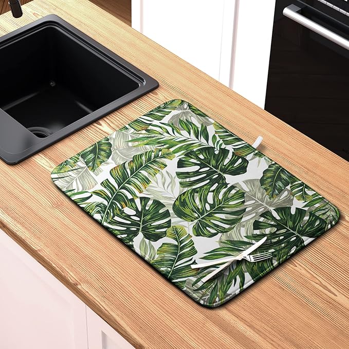 Tropical Palm Leaves Dish Drying Mat for Kitchen Counter 18x24 Inch, Green Monstera Kitchen Drying Mat,Watercolor Herbs Dishes Pad Dish Drainer Rack Mats Absorbent Fast Dry Kitchen Accessories