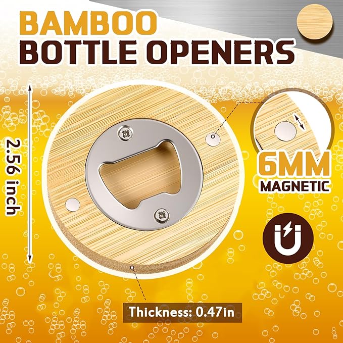Vesici 24 Pcs Magnetic Bottle Opener 2.5in DIY Wood Round Shape Beer Openers Wooden Fridge Magnet Refrigerator Sticker Gift for Beer Lover Wedding Guest Kitchens Bars Parties