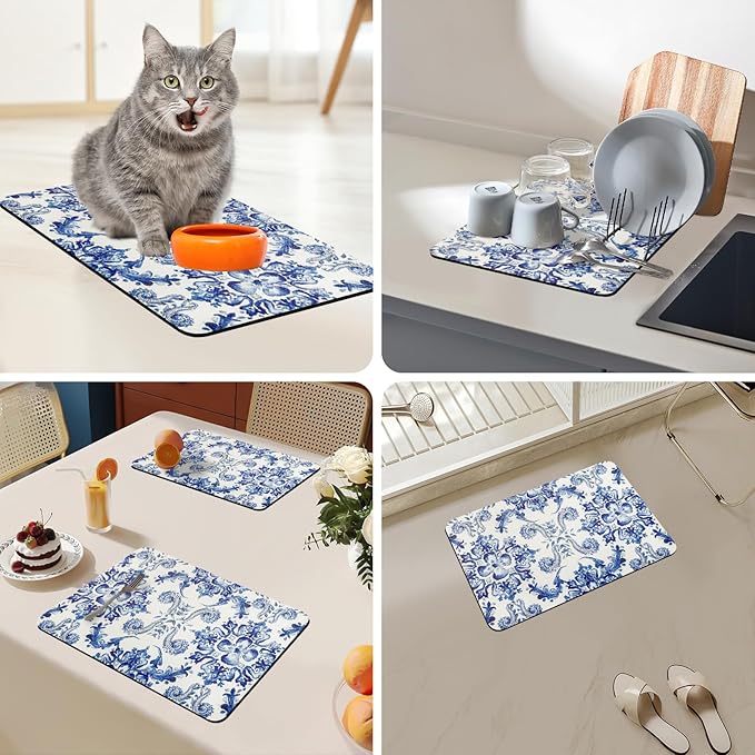 Bloss Dish Drying Mat, 12.2"x19.7" Absorbent Coffee Bar Mat with Waterproof Rubber Back, Fit Under Coffee Maker Machine/Kitchen Counter(Ink Cyan Flower)