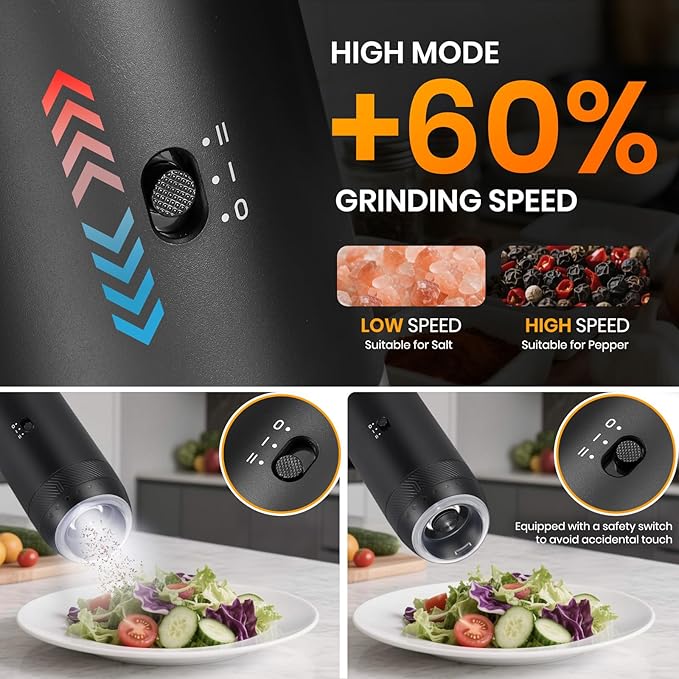 Rechargeable Gravity Electric Salt Grinder Set with Variable Grinding Speed, External Adjustable Coarseness, External Adjustable Coarseness, Charging Base and White LED Light,Black
