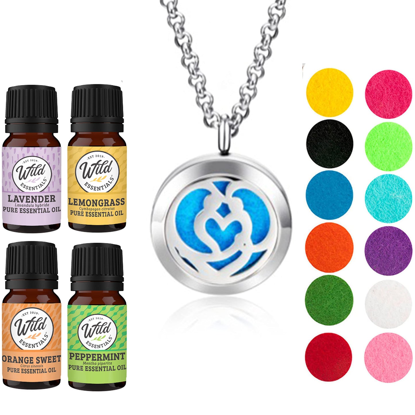 Wild Essentials Couple’s Heart Necklace Essential Oil Diffuser Kit, Lavender, Lemongrass, Peppermint, Orange Oils, 12 Refill Pads, Calming Aromatherapy Gift Set, Customizable Color Changing, Perfume