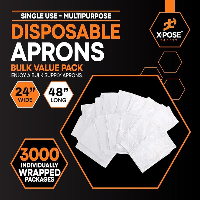 Xpose Safety 3000 White Plastic Disposable Aprons for Cooking & more Individually Packaged Durable 1 Mil Waterproof Polyethylene 24" x 48"