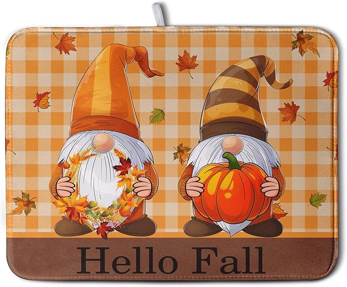 Hello Fall Autumn Gnomes Dish Drying Mat 18x24 Thanksgiving Pumpkin Maple Leaves Harvest Kitchen Drying Mat Orange White Buffalo Plaid Dish Drainer Mat Ultra Absorbent Dish Rack Pad for Coffee Bar