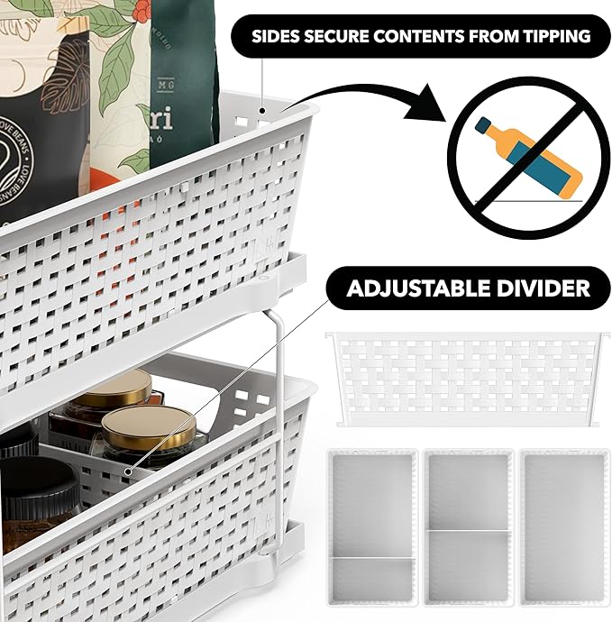 Simple Houseware 2 Tier Bathroom Organizer Tray Pull-Out Sliding Drawer, Under Sink Storage, White