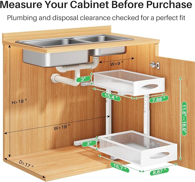Under Sink Organizer, 2 Tier Pull out Cabinet Organizer Baskets with Mesh Sliding Drawers, Slide out Storage Shelf for Home, Kitchen, Bathroom, Pantry, Office Cabinet(1 Pack, White)