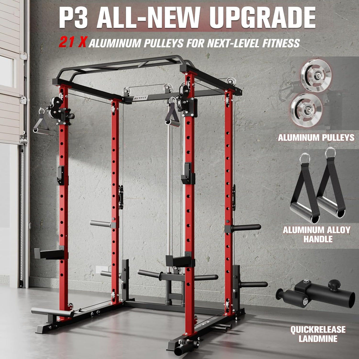 RitFit Power Cage with Optional LAT PullDown/Cable Crossover, 1000LB Squat Rack for Home & Garage Gym, with Weight Storage Rack and More Training Attachments, ASTM-Certified