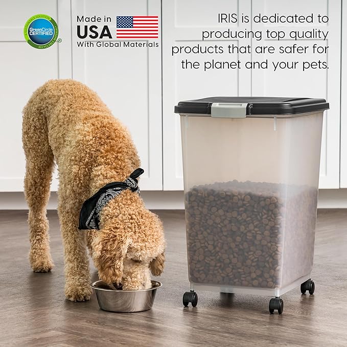 IRIS USA Airtight Dog Food Storage Container, Up to 54 lbs, Attachable Wheels, For Dog Cat Bird and Other Pet Food Storage Bin, Keep Fresh, Translucent Body, Easy Mobility, 2 Pack, Black