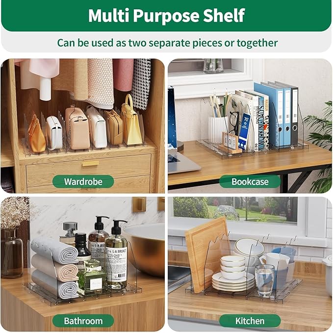 SPACEKEEPER Adjustable Shelf Divider for Closet, 2 Pack Clear Purse Organizers for Closet Acrylic Handbag Separators Storage Organizer Bookshelf Separator Dividers in Bedroom, Office