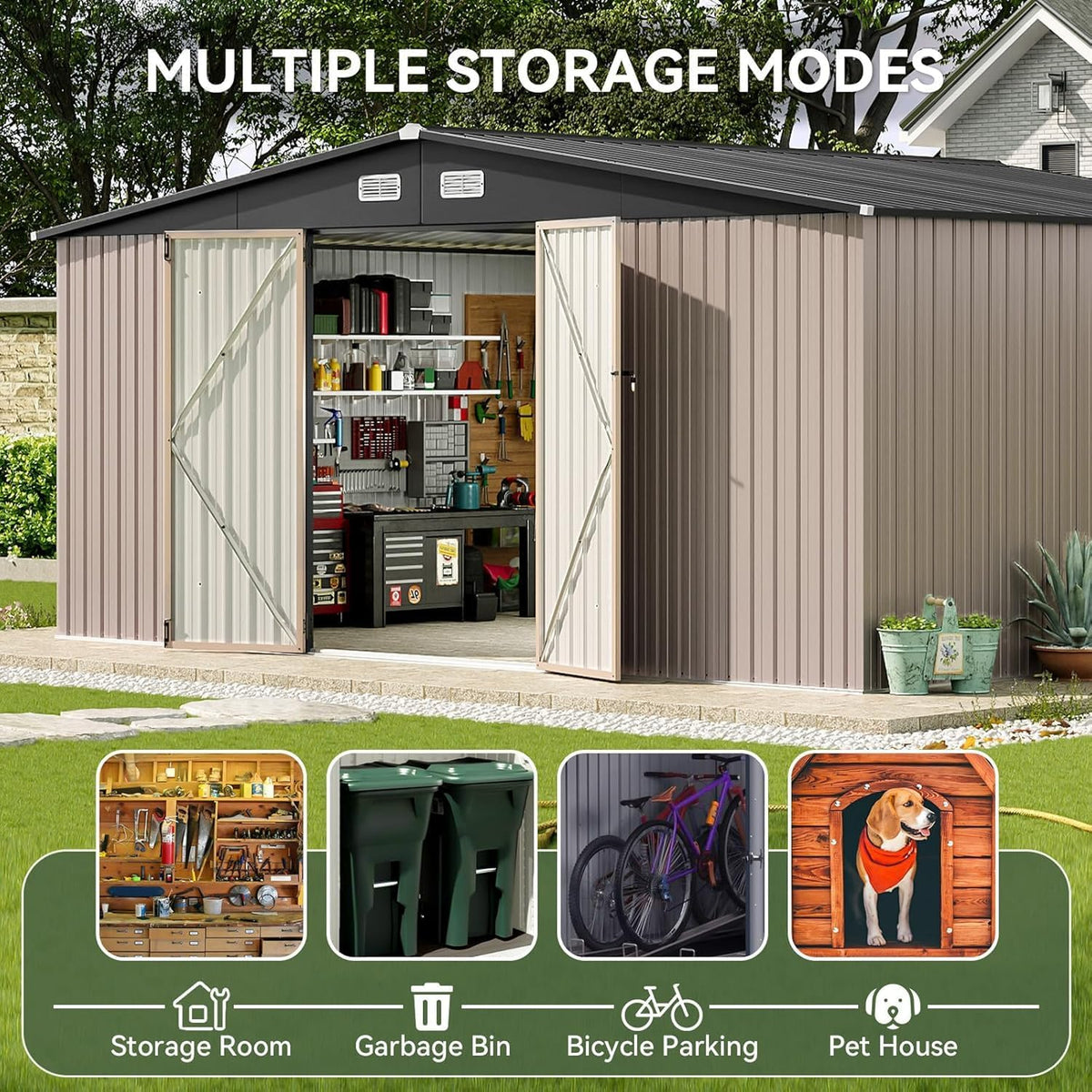 Aoxun 14x12 FT Shed Outdoor Storage Shed with Spacious and Tall Doors, Large Shed Steel Utility Tool Shed Storage House with Door & Lock, Metal Sheds with Sloped Roof for Garden Patio Poolside, Brown