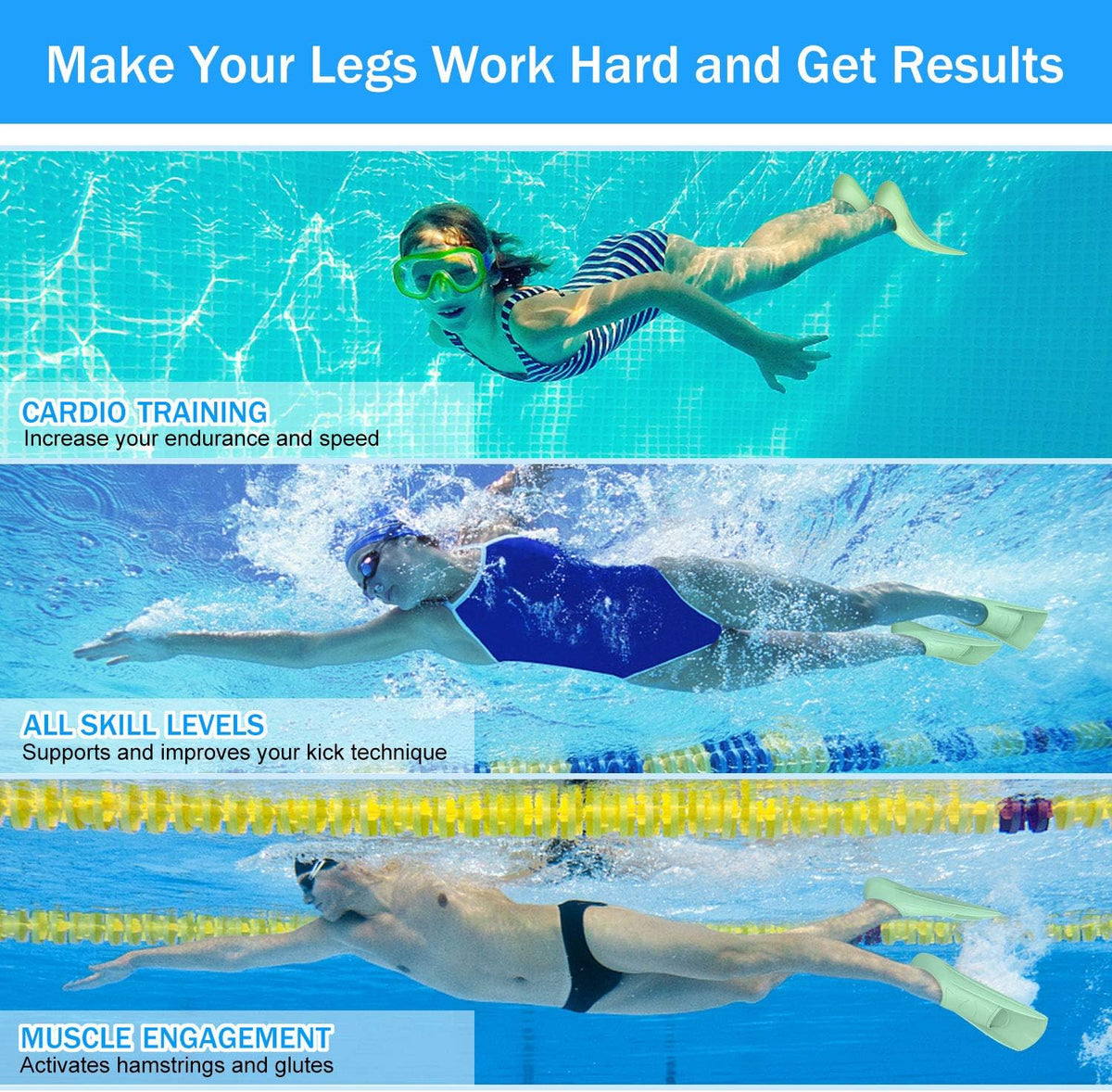 Gintenco Swim Fins, Kids Swim Training Fins for Lap Swimming, Travel Size Flippers with Mesh Bag, Silicone Swimming Fins for Kids Teens Adults Women Men