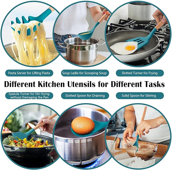 HaWare Kitchen Cooking Utensils Set, 23-Piece Silicone Kitchen Utensils Spatula Set with Holder, Heat Resistant Wooden Handle Kitchen Gadget for Nonstick Cookware, Food-grade Turner Spoon Sets (Blue)