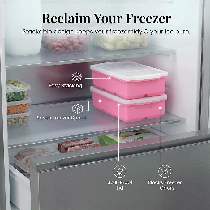 KitchFort Large Silicone Ice Cube Tray (2-Pack), Easy Release 2" Big Ice Cubes - Cocktail, Whiskey Ice Cubes Mold - Ice Trays for Freezer with Lid - Stackable Silicone Ice Tray - Pink