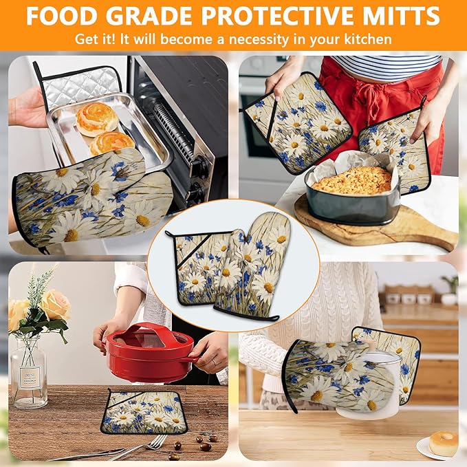 Daisy Flowers Oven Mitts and Pot Holders Sets 4Pcs,Extra Long Oven Gloves Potholder for Kitchen Cooking Baking BBQ 100% Cotton Heat Resistant