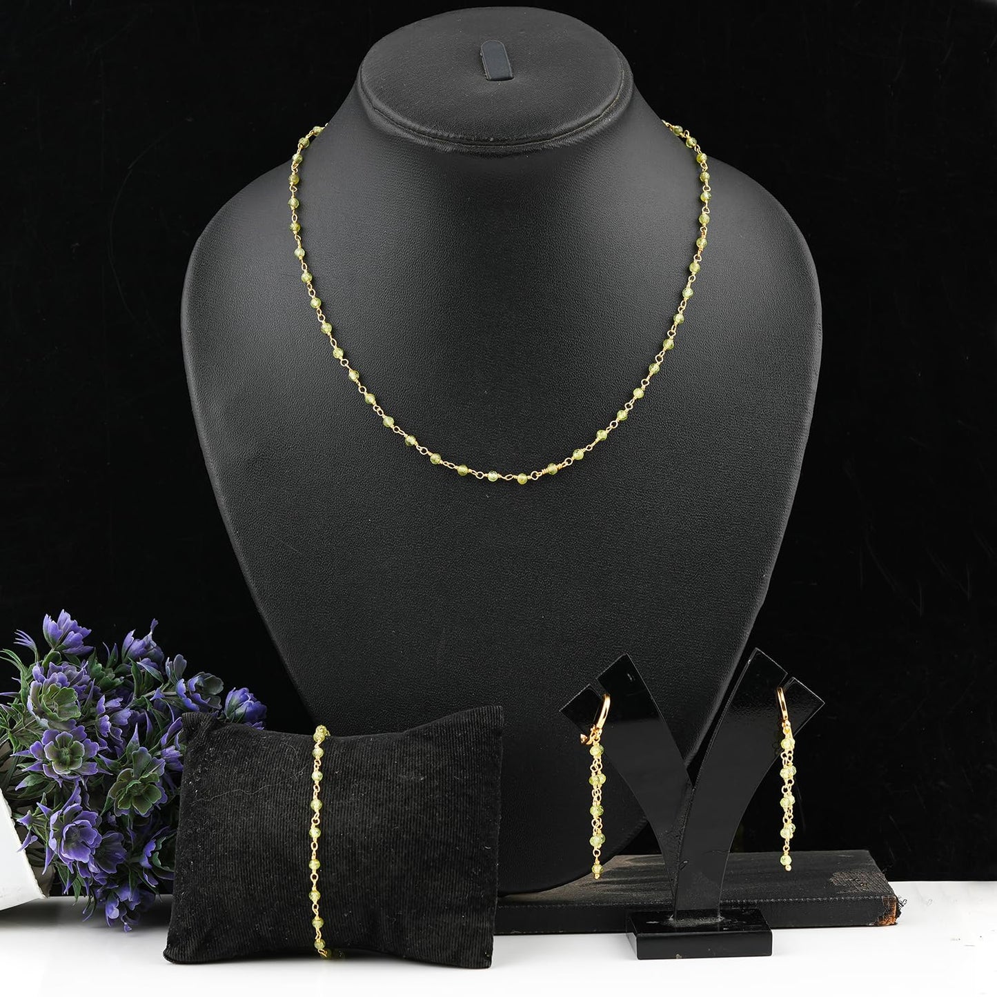 CRYSTALINES (3pcs) Natural Peridot Gemstone Cluster Jewelry Combo Set, 14K Gold Plated, Crystals Beads Rosary Chain, Handmade Bohemian Jewelry - Bracelets, Necklace, Earrings for Women