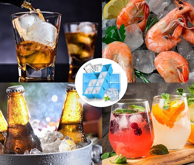 Large Ice Cube Trays with Lid, Jrisbo 2 Pack Stackable Silicone Ice Cube Molds for Freezer, Easy Release 16 Big Square Ice Trays for Whisky Cocktails (Pure Blue)