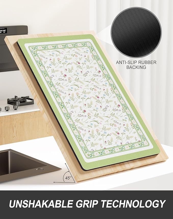 Rnivvi Dish Drying Mat for Kitchen Counter, 12 x 19" Cute Flower Theme Super Absorbent Draining Pad, Non-Slip Heat Resistant Coffee Bar Mat for Coffee Machine Station Accessories, Green Dish Rack Pad