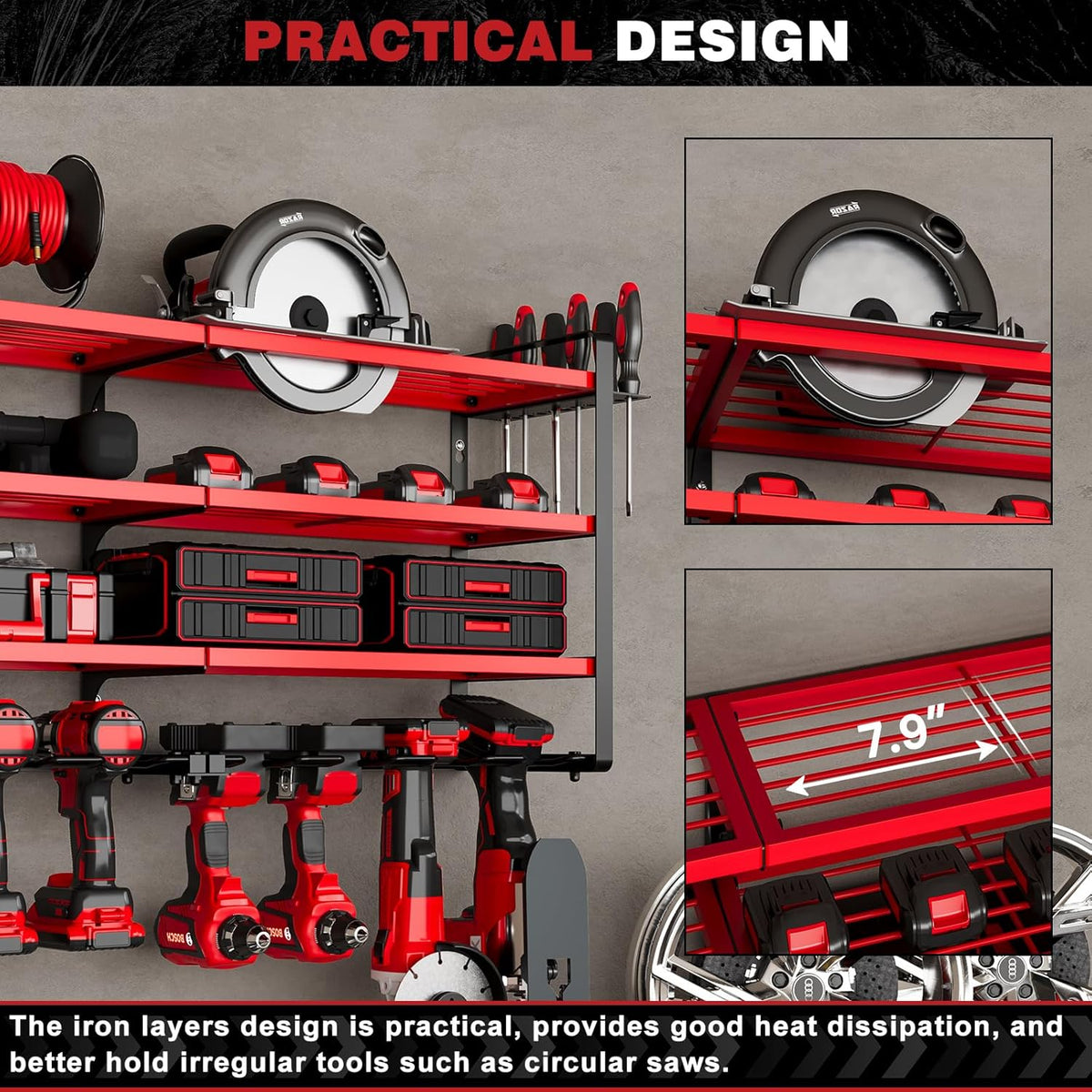 48" Large Power Tools Organizer Wall Mount,12 Drill Holder for Garage, Workshop Heavy Duty Storage Rack (Red)