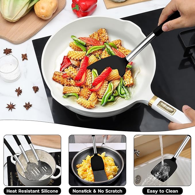 Onader Kitchen Utensils Set, 15 Pcs Silicone Cooking Utensils Set with Holder and Heat Resistant Stainless Steel Handle for Nonstick Cookware - Black