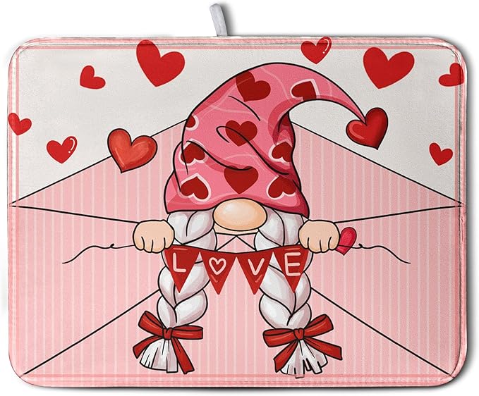 Valentine's Day Love Letter Dish Drying Mat for Kitchen Counter, Love Letter Gnome Absorbent Dish Pad Large Dish Drainer Mats for Countertop 18x24 Inch