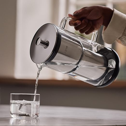 Aarke Purifier - Premium Glass and Stainless Steel Water Filter Pitcher, Refillable Filter System and Granules, 2.4L Pitcher with 1.18L Filtration Capacity