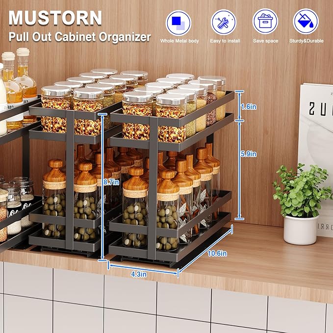 Mustorn Pull Out Spice Rack Organizer for Cabinet, 2 Tier Metal Slide Out Seasoning Organizer and Storage Heavy Duty Vertical Spice Rack Shelf Pullout for Kitchen Cabinets No Drilling(1 Pack, Black)
