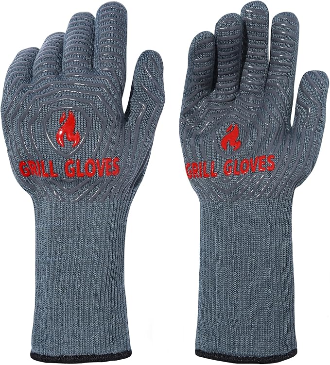 QUWIN BBQ Gloves, Oven Gloves 1472℉ Extreme Heat Resistant, Grilling Gloves Silicone Non-Slip Oven Mitts, Kitchen Gloves for BBQ, Grilling, Cooking, Baking-1 Pair… (Grey, One Size(Long Cuff))