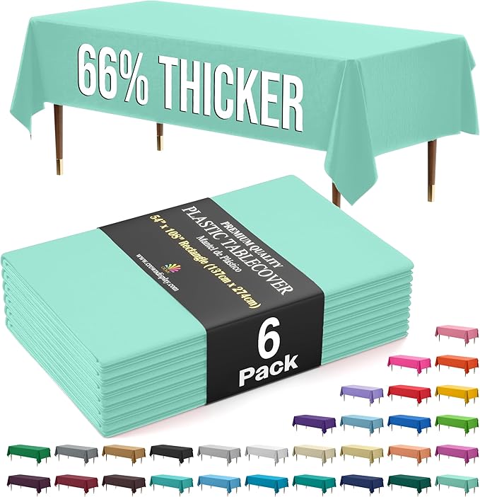 Exquisite 66% Thicker Premium Plastic Table Cloth Rectangle Table Cover 0.5 Mil 6 Pack Mint Table Cloth 54 Inch x 108 Inch Disposable Tablecloth Won't Tear Easily Like Cheap Thin Brands
