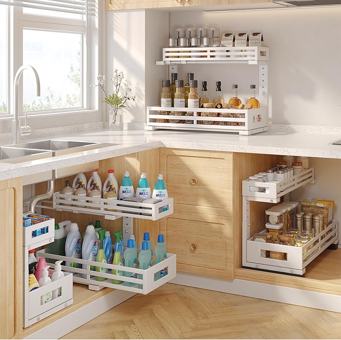 2-Pack 19"Deep Under Sink Organizer And Storage, 2-Tier L-Shaped Pull Out Cabinet Organizer with Upgraded Slide Rails, Height Adjustable Drawers for Kitchen&Bathroom, Extra-Large Storage Shelves–Gray