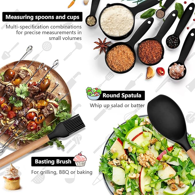 HaWare Kitchen Cooking Utensils Set, 23-Piece Silicone Kitchen Utensils Spatula Set with Holder, Heat Resistant Wooden Handle Kitchen Gadget for Nonstick Cookware, Food-grade Turner Spoon Sets (Black)
