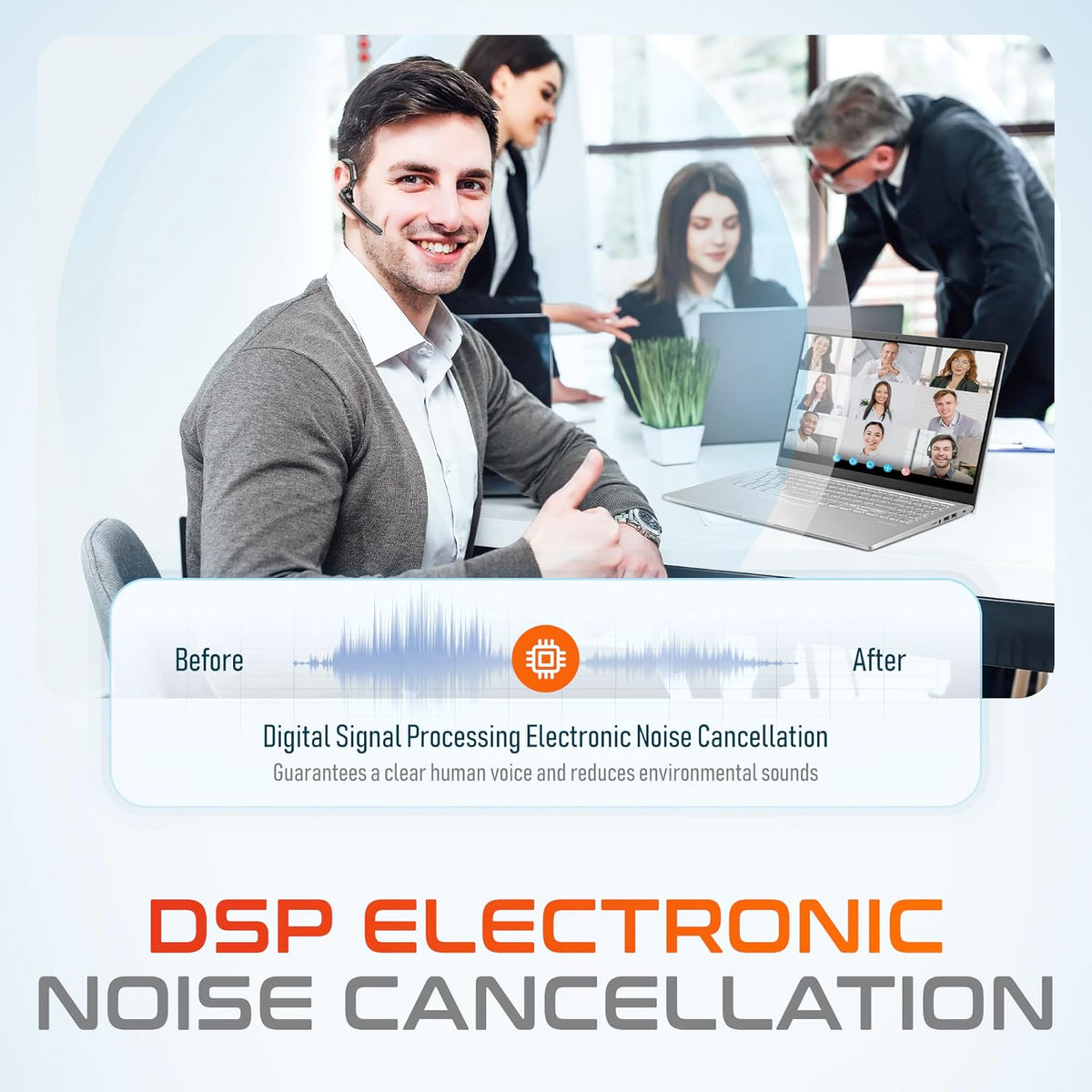 Delton Wireless Headset for Computer with Charging Case, Bluetooth Headset with Noise-Cancelling Mic, Specially Designed for MS Team, Zoom, Google Meet, Driving, and Office - Black