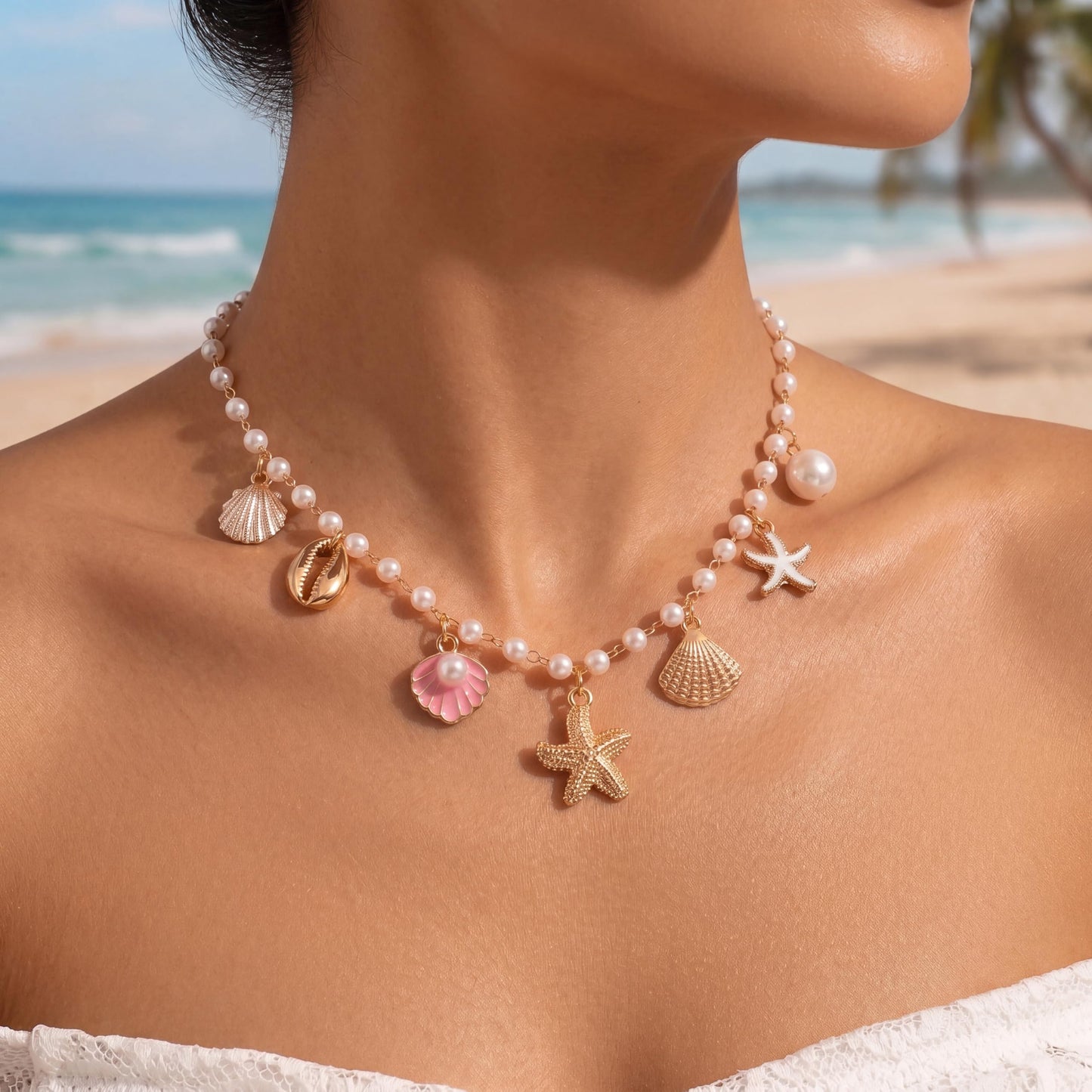 Shell Starfish Necklace for Women, 14k Gold Plated Boho Layered Beaded Charm Pendant Necklace, Dainty Adjustable Pearl Conch Summer Beach Vacation Jewelry Gifts(Pink Shell)
