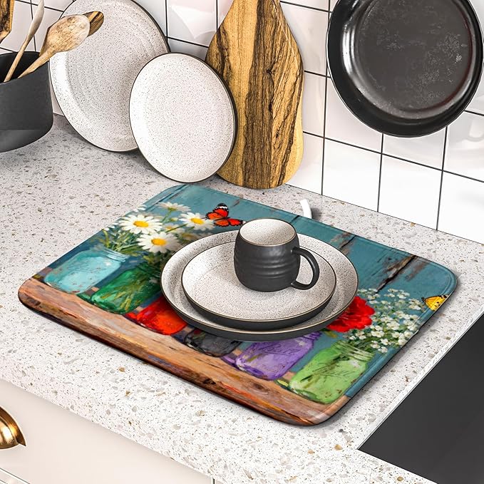 Small Dish Drying Mat for Kitchen Counter 16x18, Spring Summer Floral Decorative Absorbent Reversible Microfiber Kitchen Countertop Protector Dishes Drainer Pad