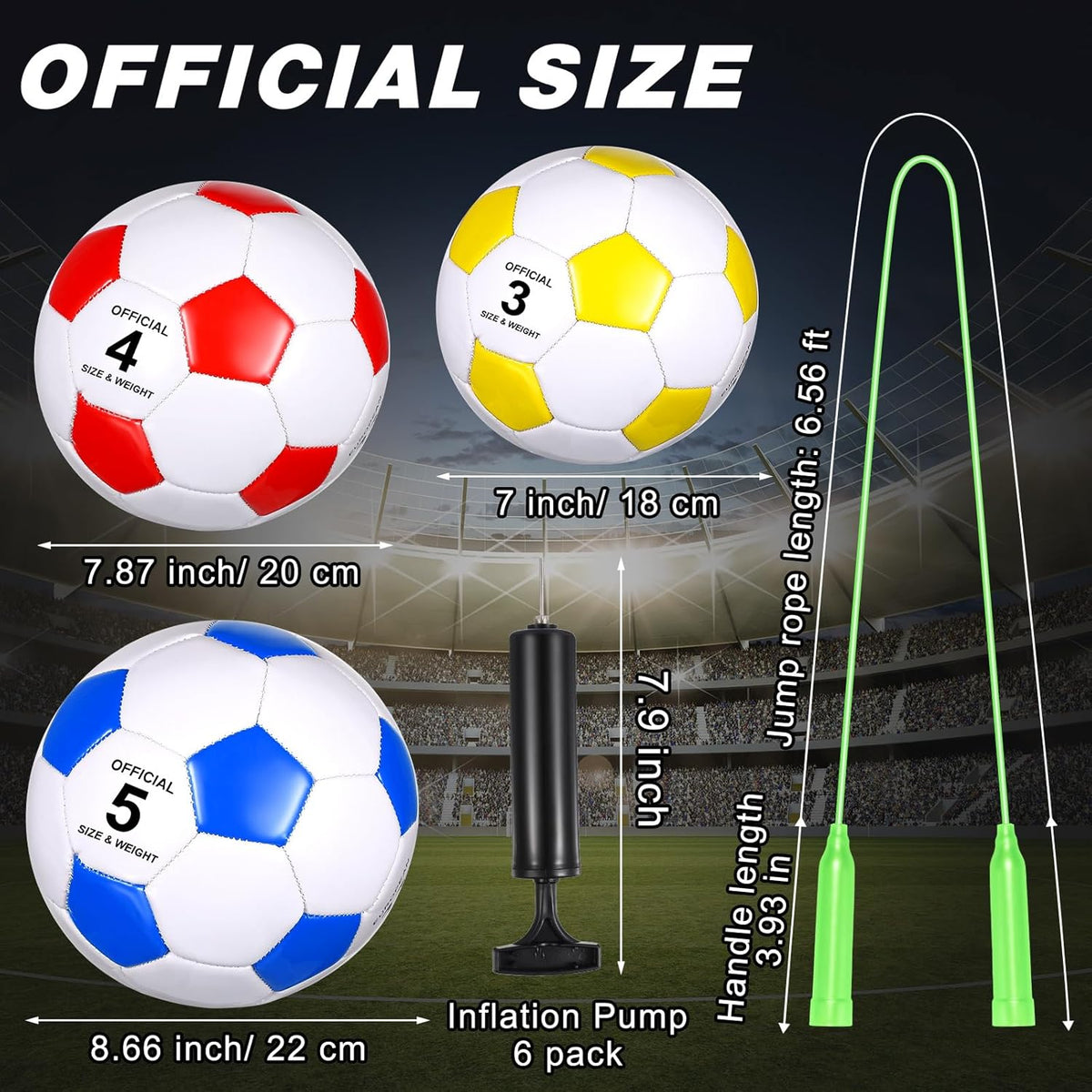 Hiboom 6 Sets Operation Christmas Deflated Soccer Ball with Pumps and Jump Ropes Official Size Soccer Ball Bulk for Outside Sports Training Party Supplies Christian Charity Donation Gift
