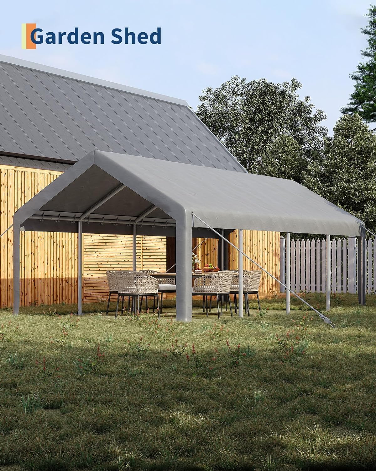 13 x 25ft Heavy-Duty Carport Canopy with Roll-Up Windows & DoorsThickened Wind Ropes, Ground Nails, Portable Car Tent Garage for Cars, Trucks, Boats, 200G Durable Tarp Cover,Grey