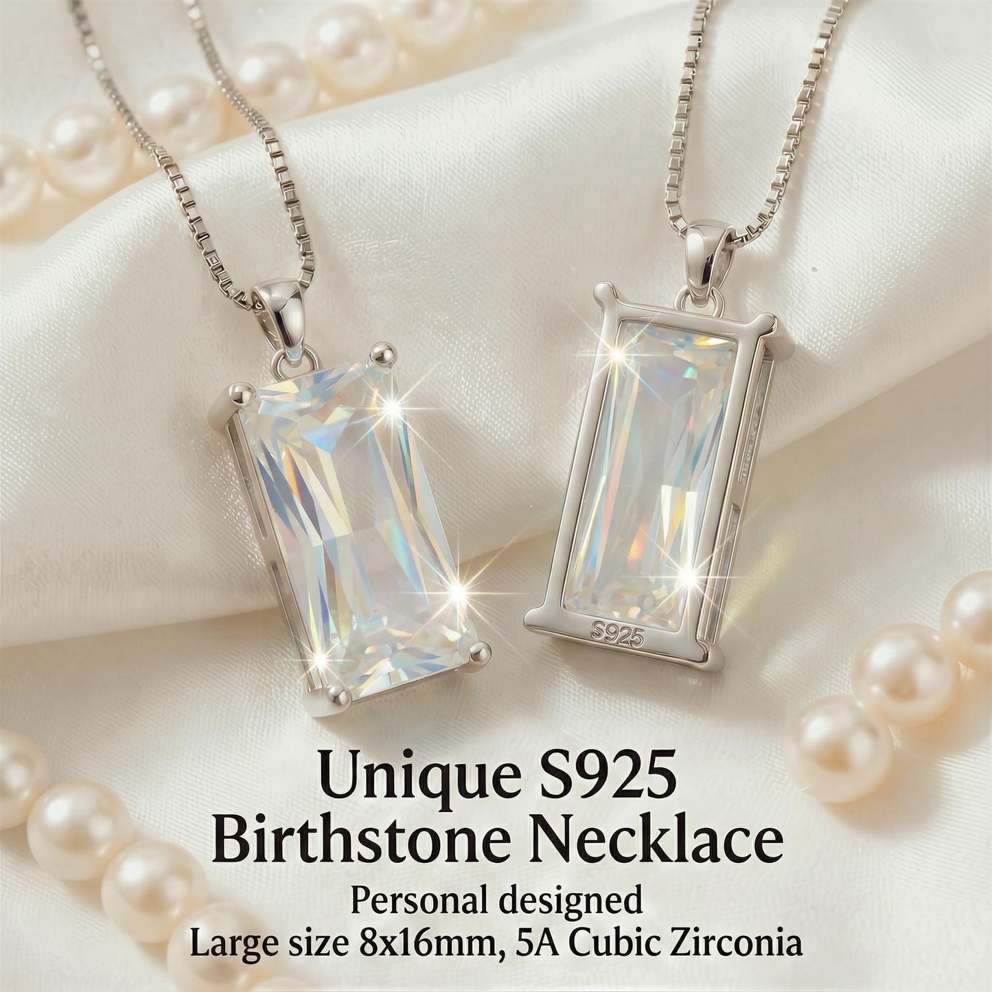 Kuschelkatze 8mm x 16mm Square April Birthstone Diamond Pendant Necklace – Fashion charming Sterling Silver Gift for women